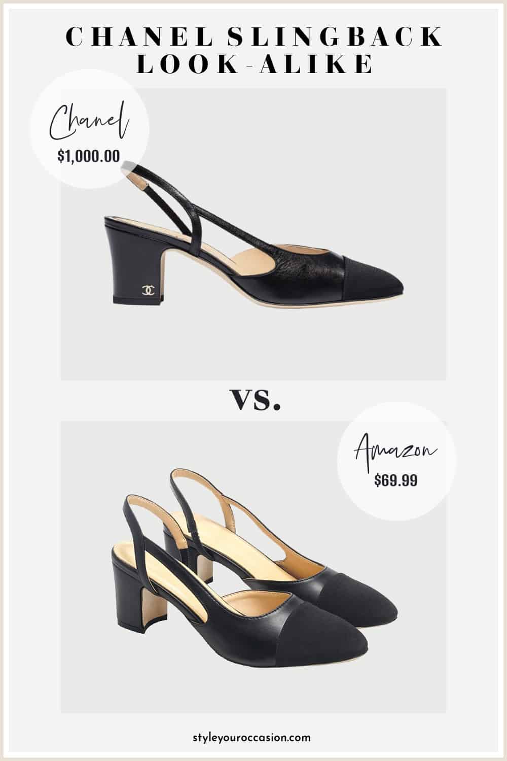 image comparing a black Chanel slingback pump with a look-alike shoe