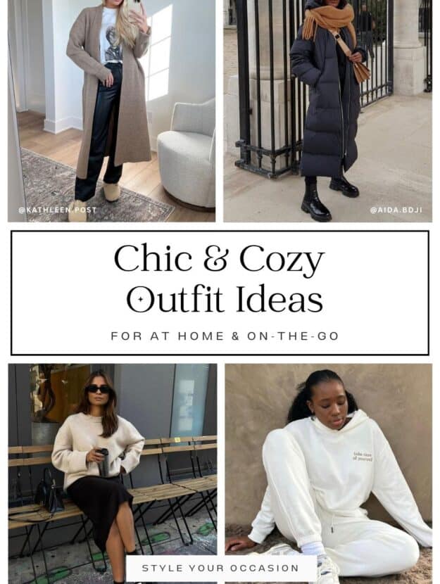 collage of four women wearing chic and cozy outfits with sweatpants, cozy sweaters, puffer jackets, and Uggs