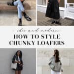collage of images of women in outfits with chunky loafers