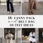 collage of images of women wearing chic outfits with belt bags and fanny packs