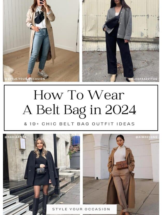 collage of four women wearing stylish outfits with belt bags