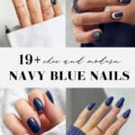 collage of womens hands with dark blue nail polish and designs