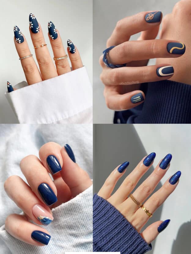 collage of womens' hands with navy and dark blue nails