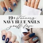 collage of hands with navy blue nail designs