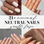collage of four images of hands with neutral nail colors and designs