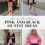 collage of women wearing outfits with pink and black clothing and accessories