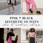 collage of women wearing outfits with black and pink clothing and accessories