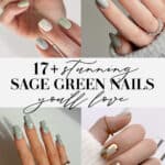 collage of hands with sage green nails and sage nail designs