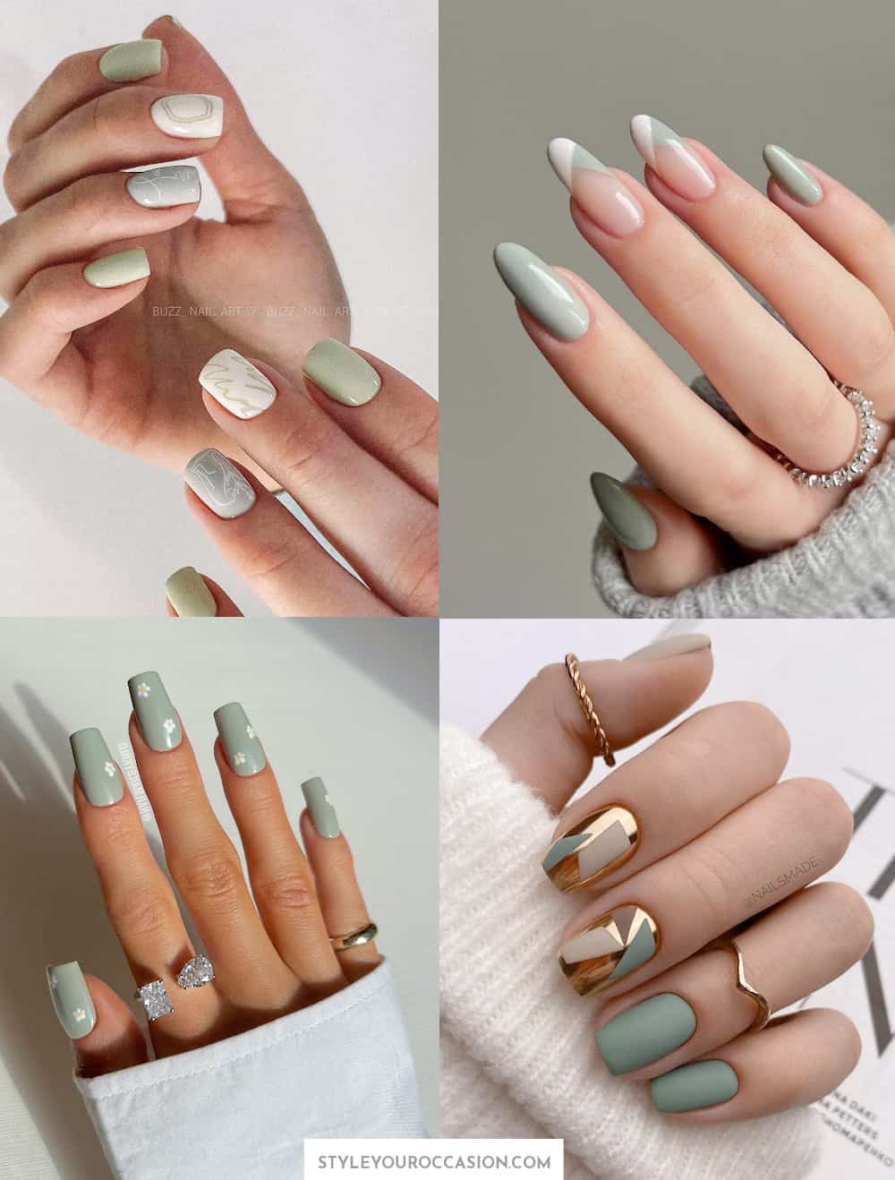 collage of hands with sage green nail polish and designs