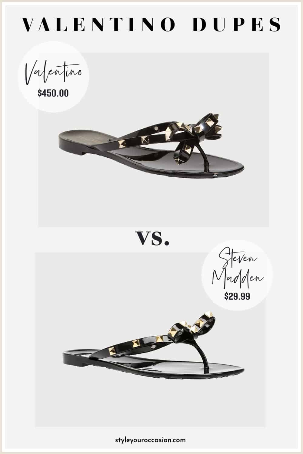 image of a Valentino rockstud jelly thong sandal in black and a look-alike sandal