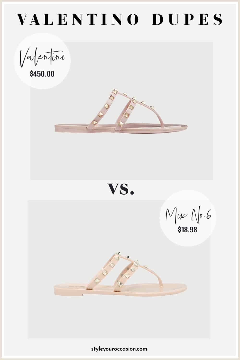 image of a Valentino rockstud jelly sandal and a very similar looking dupe sandal