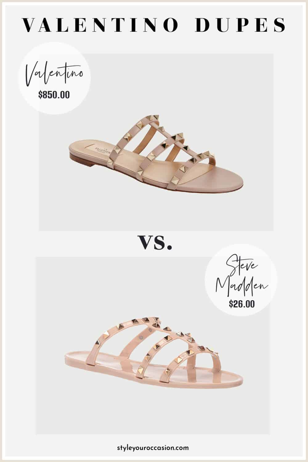image of two nude sandals, with stud details and straps, one from Valentino, the other a designer dupe from Steve Madden