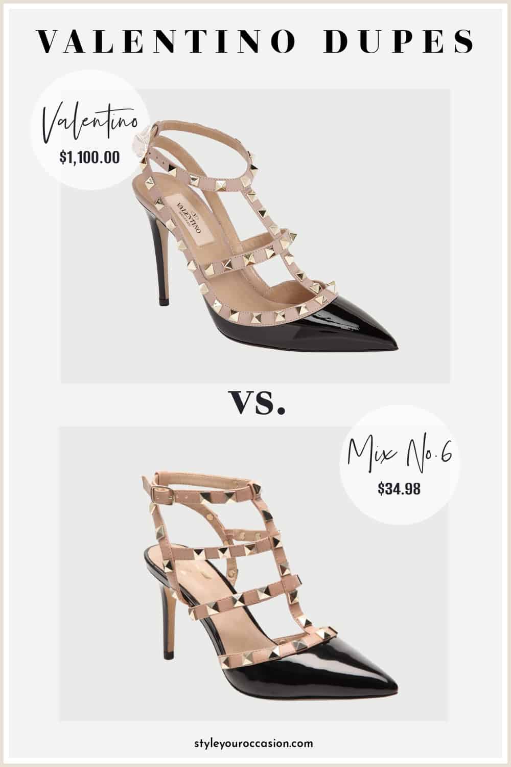 image of a Valentino heel and a look-alike heel with stud details