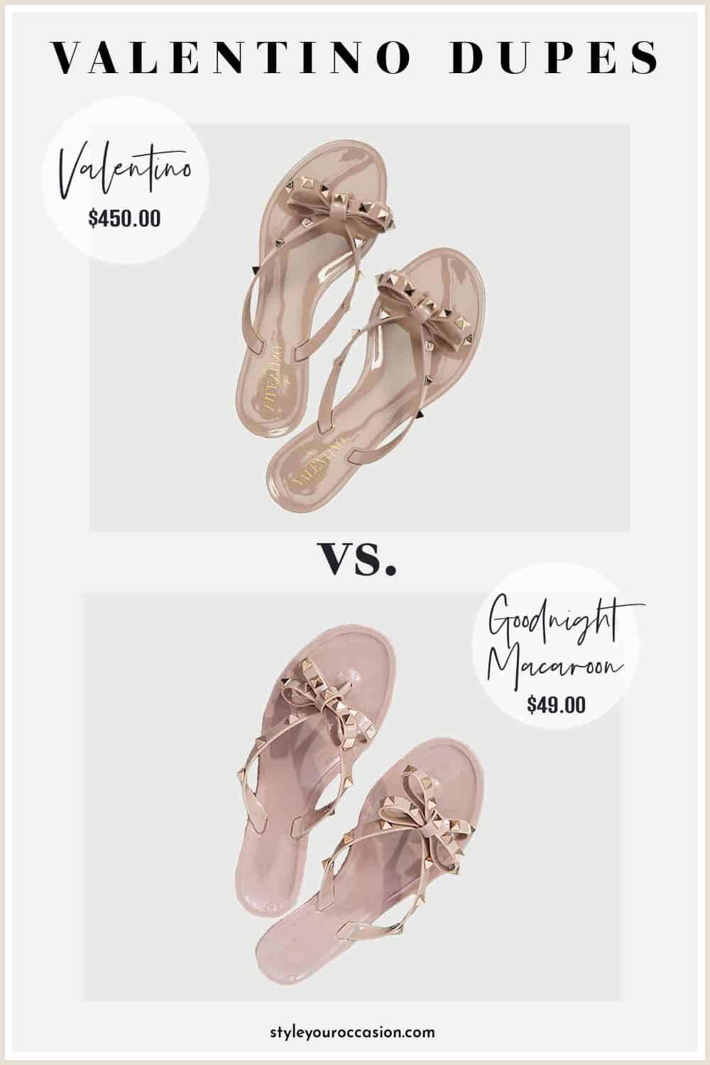image of a pair of nude jelly sandals with a bow detail and stud decor and a pair of look-alike sandals