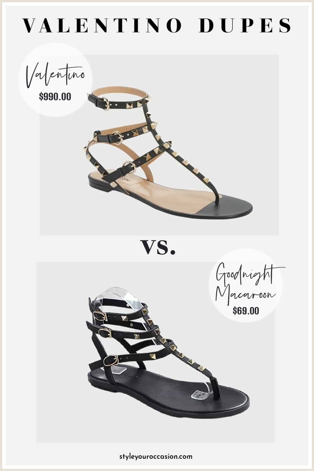 image of a Valentino rockstud cage sandal in black and a dupe sandal that looks very similar