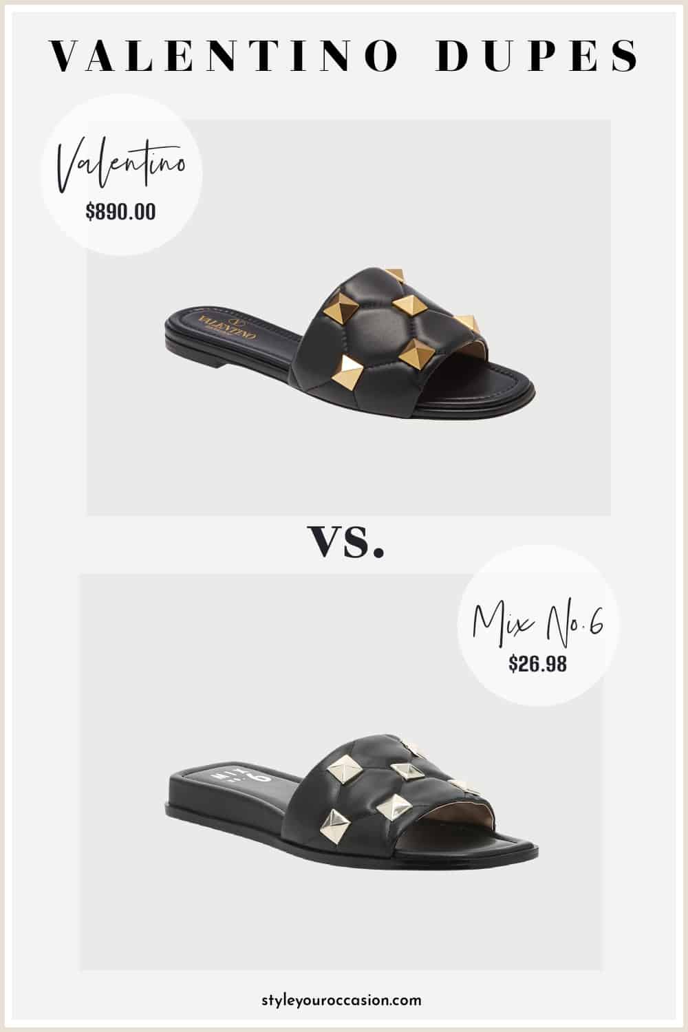 image of a black slide sandal with gold stud details and another sandal that is a dupe