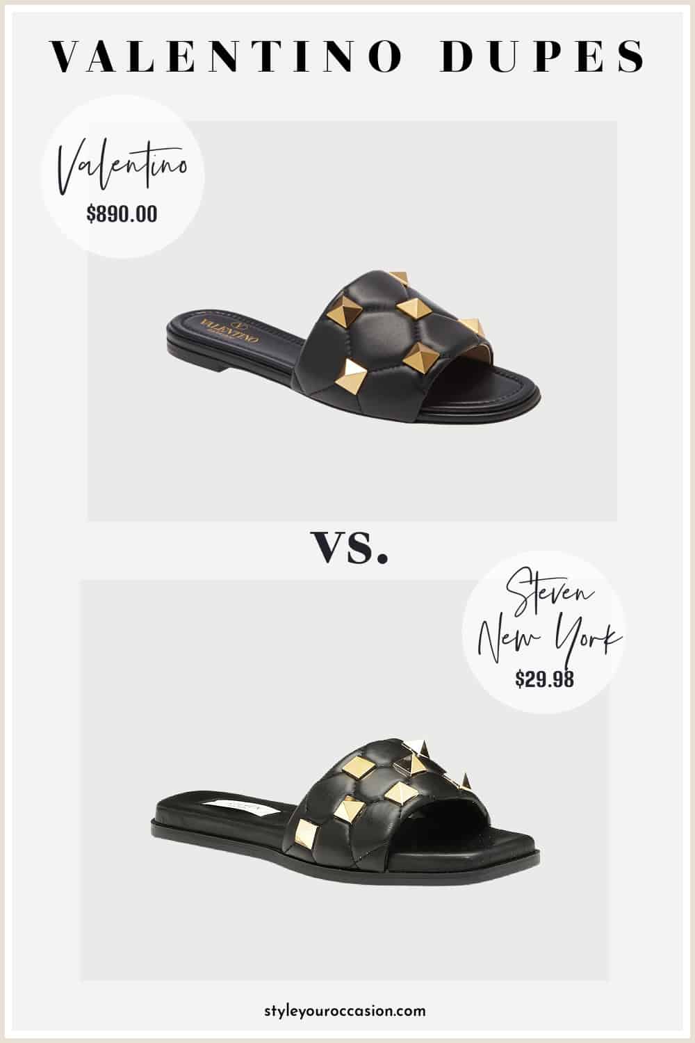 image of a black slide sandal with gold stud details and another sandal that is a look-alike