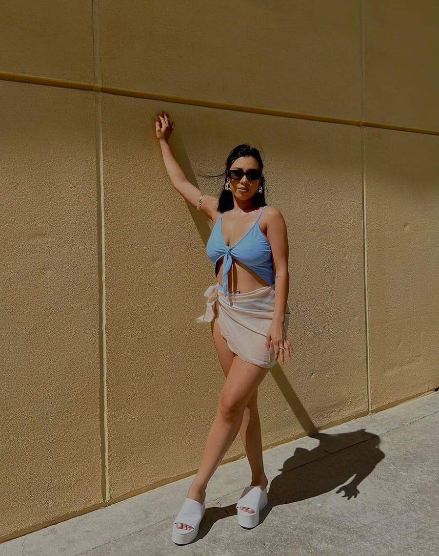 image of a woman in a blue one-piece swimsuit, sarong, and white heeled sandals