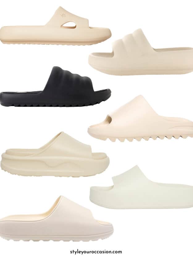 collage of similar looking minimal slide foam sandals in an ivory color