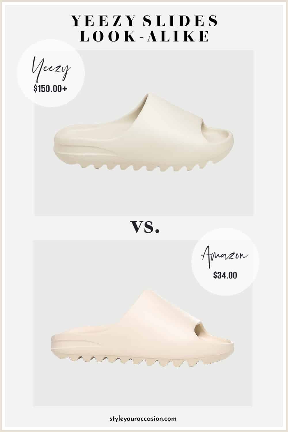 image comparing two ivory color pillow slide sandals with tread