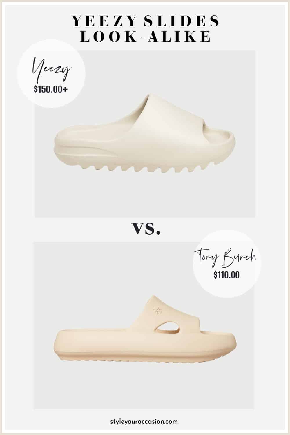 image comparing two ivory color pillow slide sandals with wide band and tread sole
