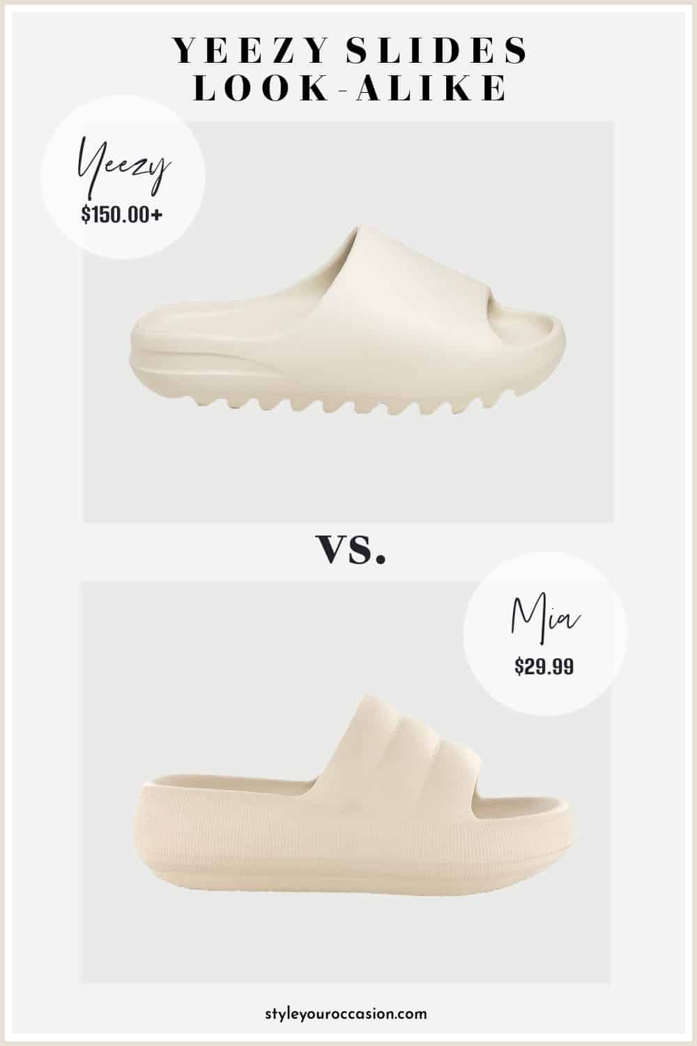 image comparing two cream color pillow slide sandals