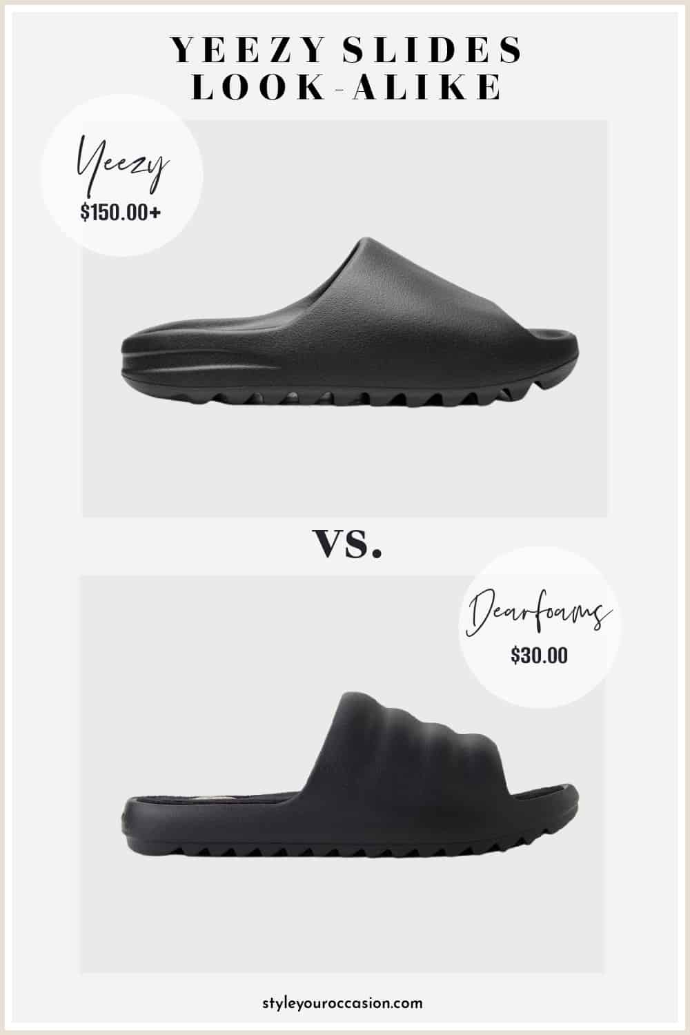 image comparing Yeezy slides in black to another pair of pillow slides that look similar