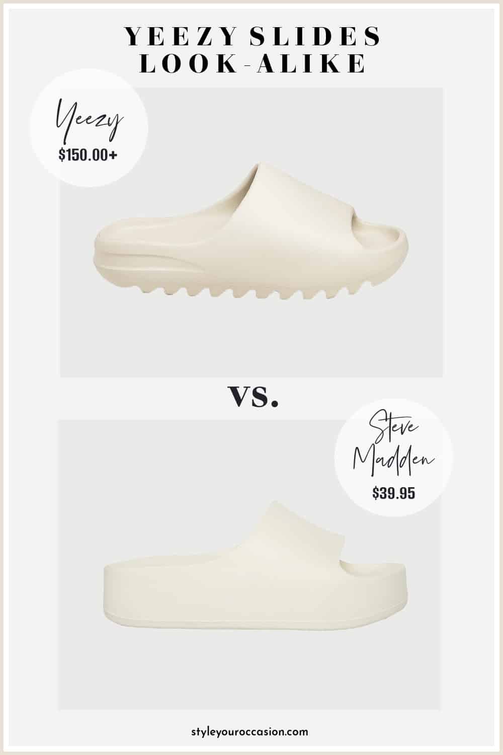 image comparing Yeezy slides with a "bone" color look-alike sandal from Steve Madden