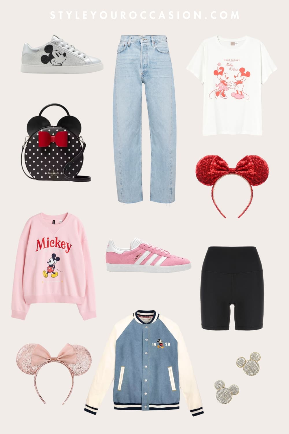 collage of disney-themed t-shirts, bags, ears, and jeans 