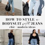 collage of women wearing stylish outfits with bodysuits and jeans