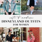 collage of women wearing stylish outfits at a Disneyland theme park