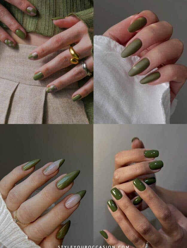 collage of four hands with olive green nail designs