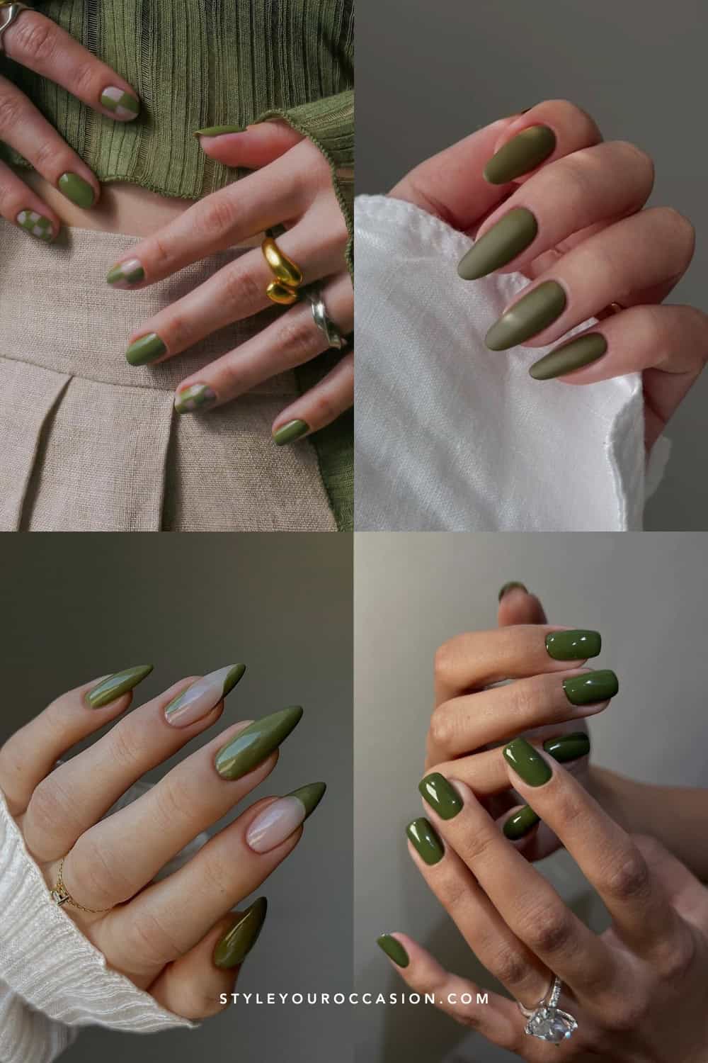 collage of four hands with olive green nail designs