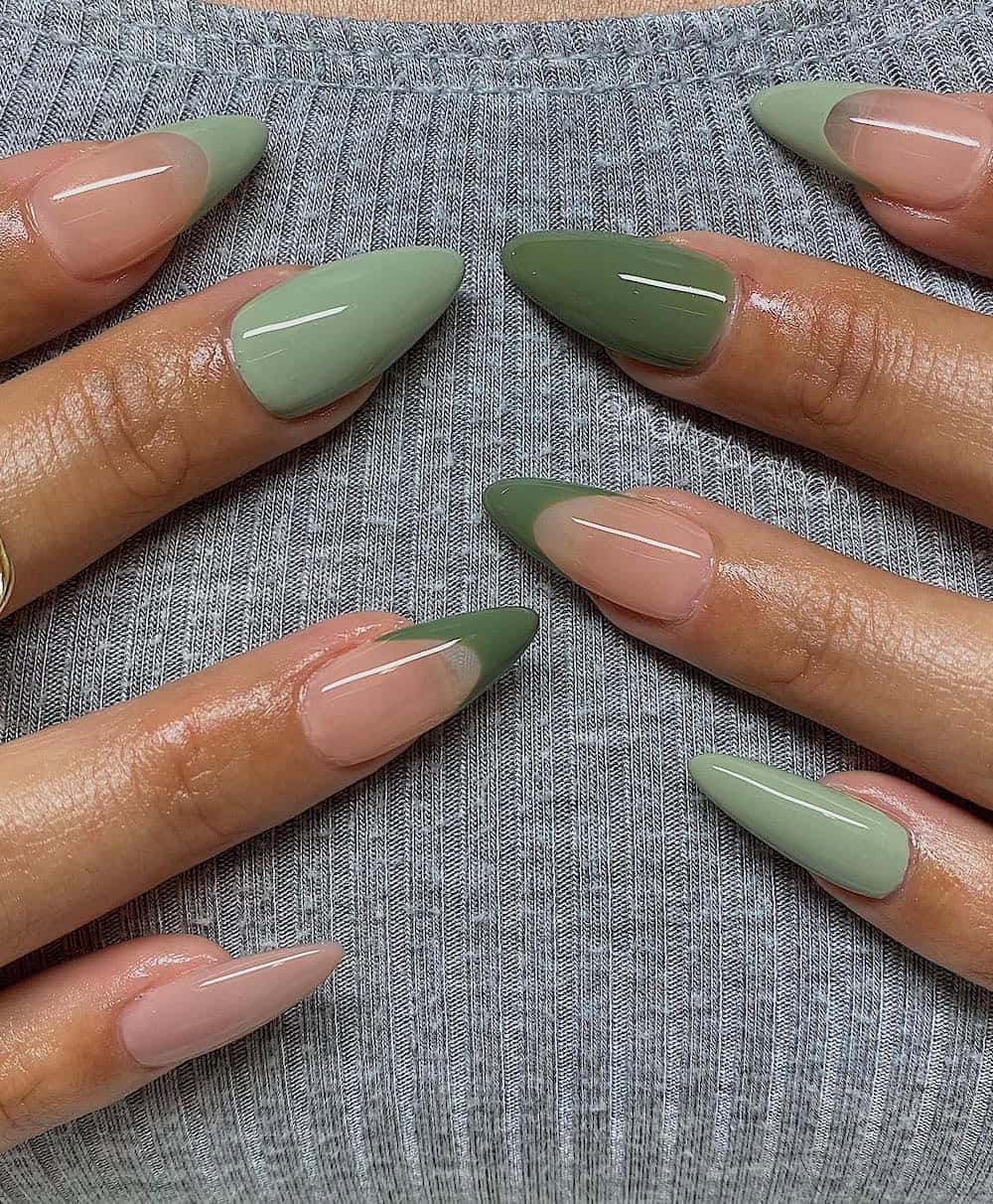 image of a hand with sage green and olive green nails