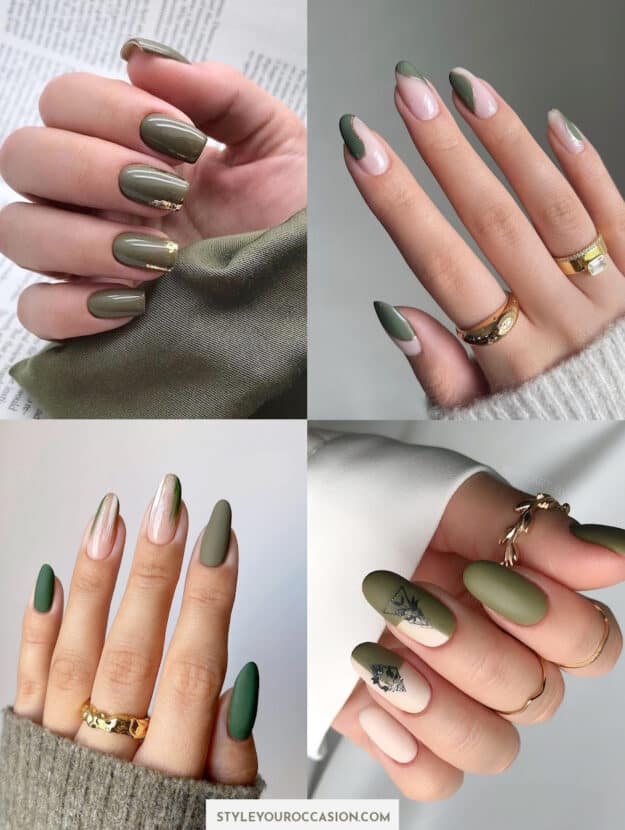 collage of hands with different olive nail designs