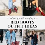 collage of women wearing stylish and modern outfits with red boots