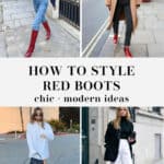 collage of women wearing chic and modern outfits with red boots