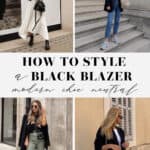 collage of women wearing black blazer outfits for every season