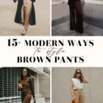collage of women wearing outfits with tan and brown pants