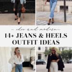 collage of women wearing stylish outfits with heels and jeans