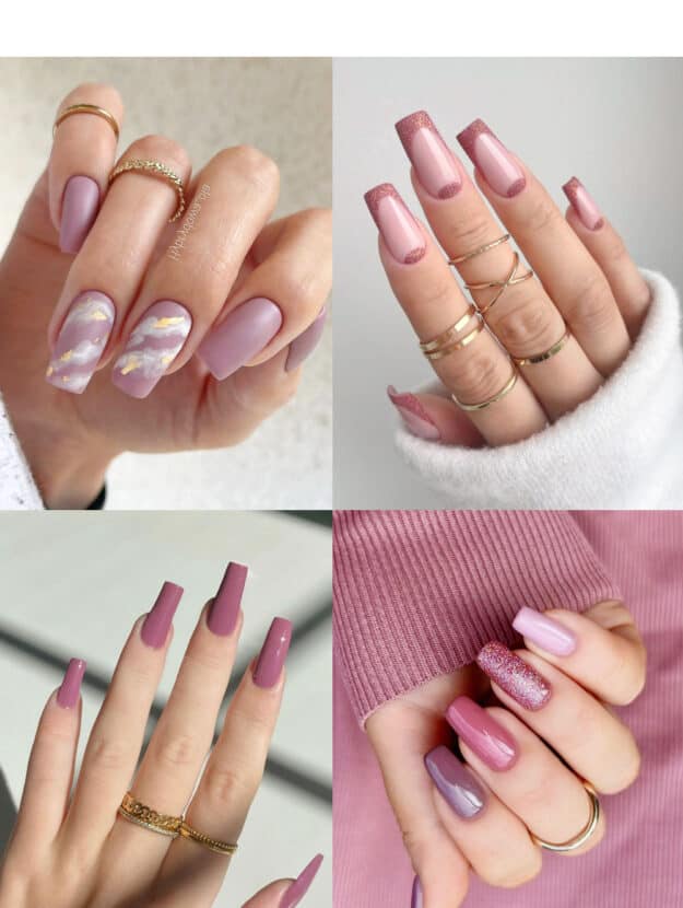 collage of women's hands with pretty mauve pink nail designs