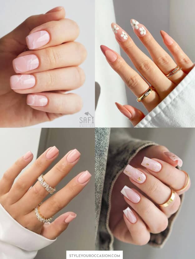 collage of hands with nude pink and nude marble nail designs