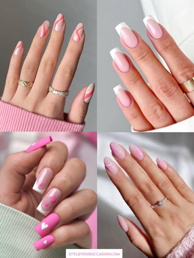 collage of hands with pink and white nails
