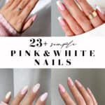 collage of hands with pink and white nail designs