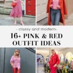 collage of women wearing outfits with pink and red color combos