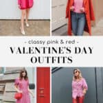 collage of women wearing Valentine's Day outfits with pink and red color combos