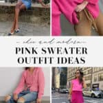collage of images of women in modern outfits with pink sweaters