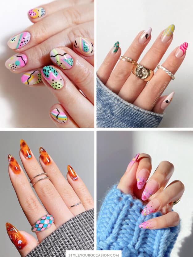 collage of images of hands with 90s nail designs