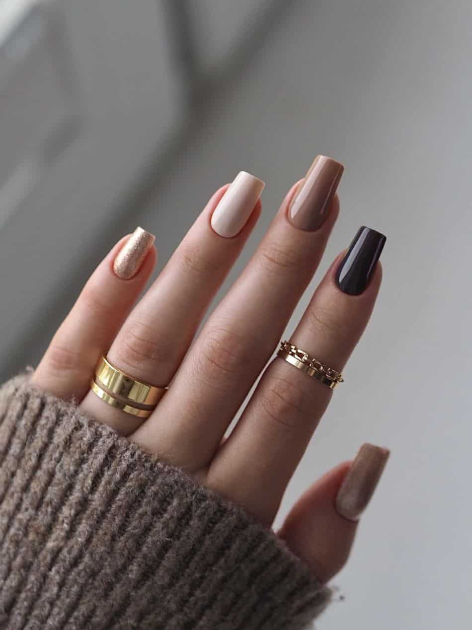 an image of a hand with beige and brown gradient nails and gold glitter accent nails