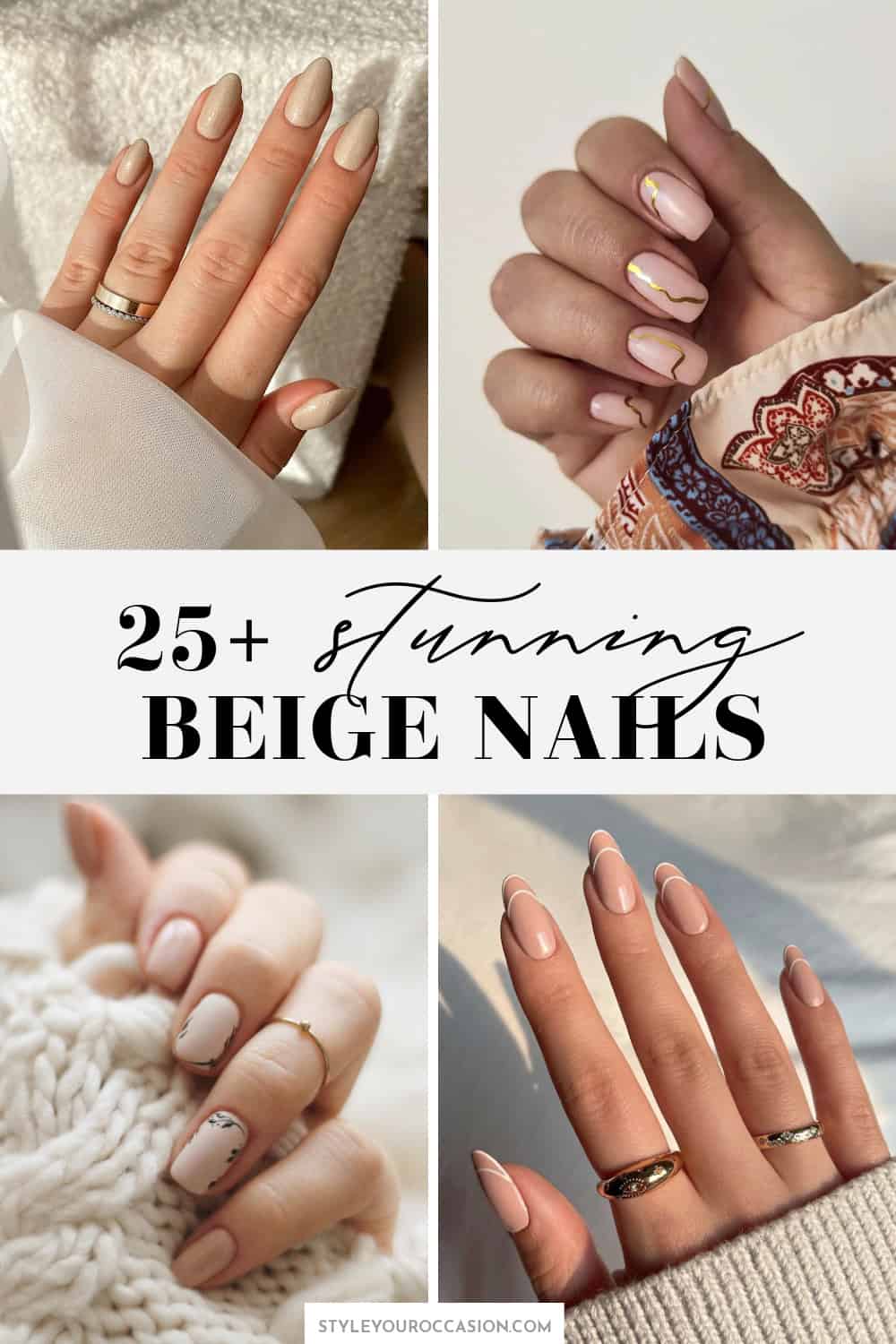 collage of hands with beige nails and beige nail designs